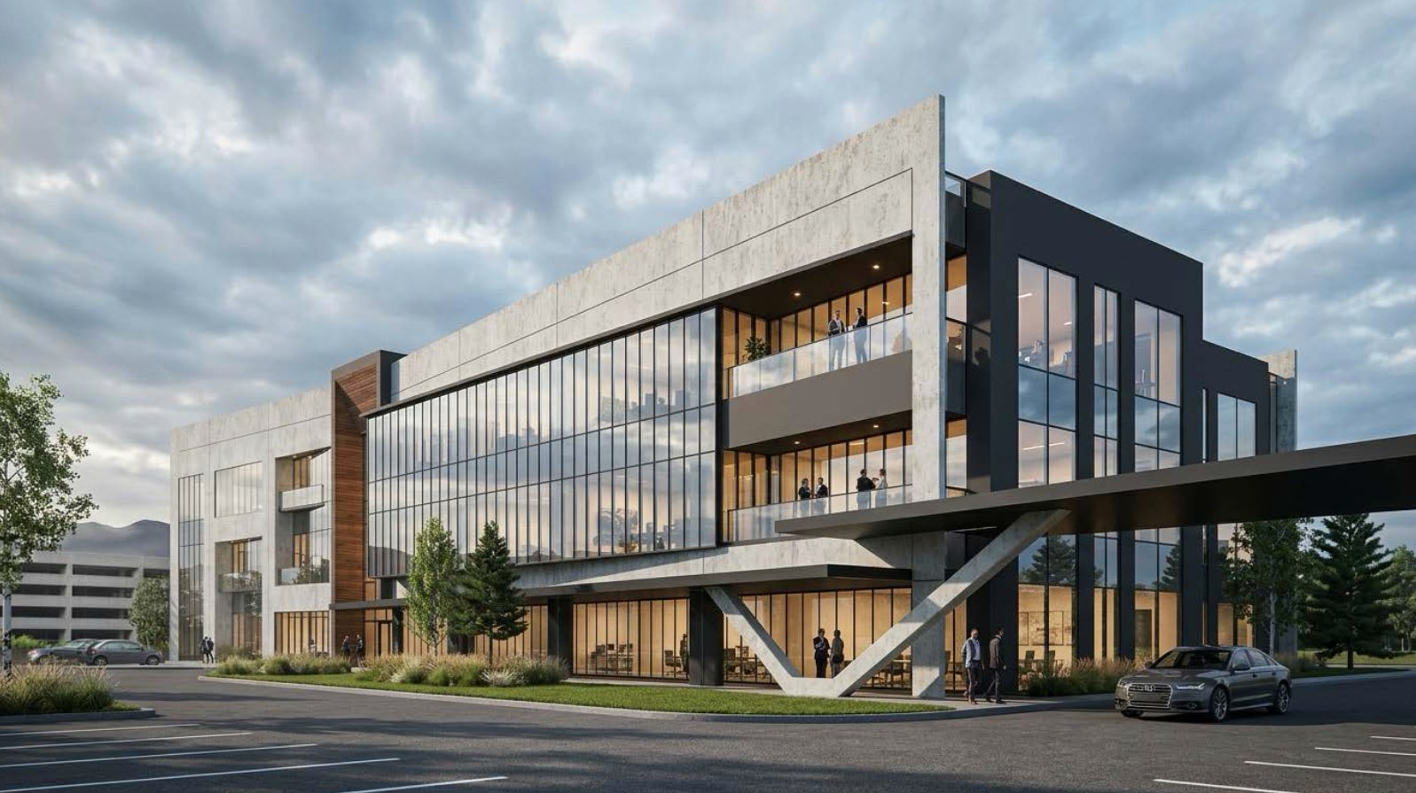 Concept rendering of a GLO Park building with mountains in the background